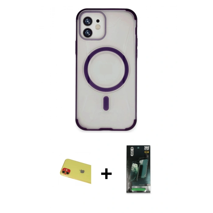 MARSİLYAN™- iPhone 11 Kılıf Eksen Klasik Koleksiyonu - Şeffaf 360 Full Body Arka Koruyucu + Rainbow Kamera Lens Koruma Cam - KI