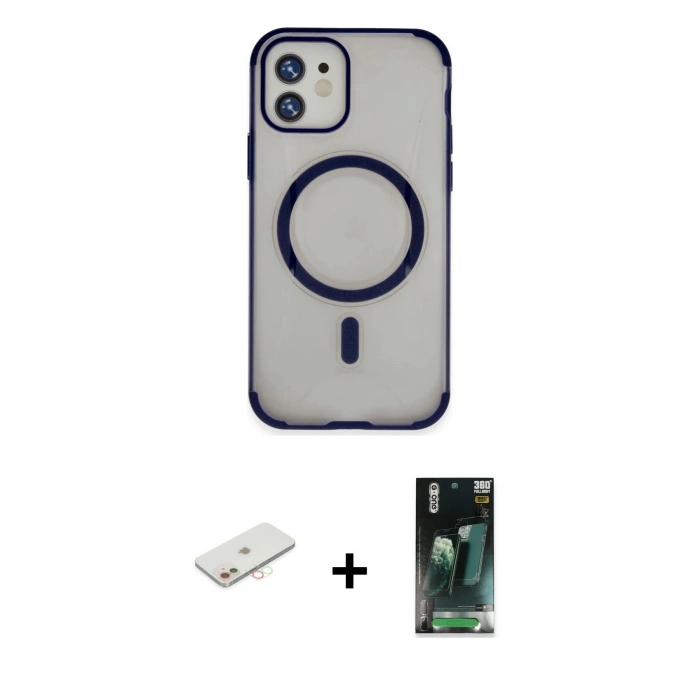 MARSİLYAN™- iPhone 11 Kılıf Eksen Klasik Koleksiyonu - Şeffaf 360 Full Body Arka Koruyucu + Renkli Kamera Lens Koruma Cam - YL