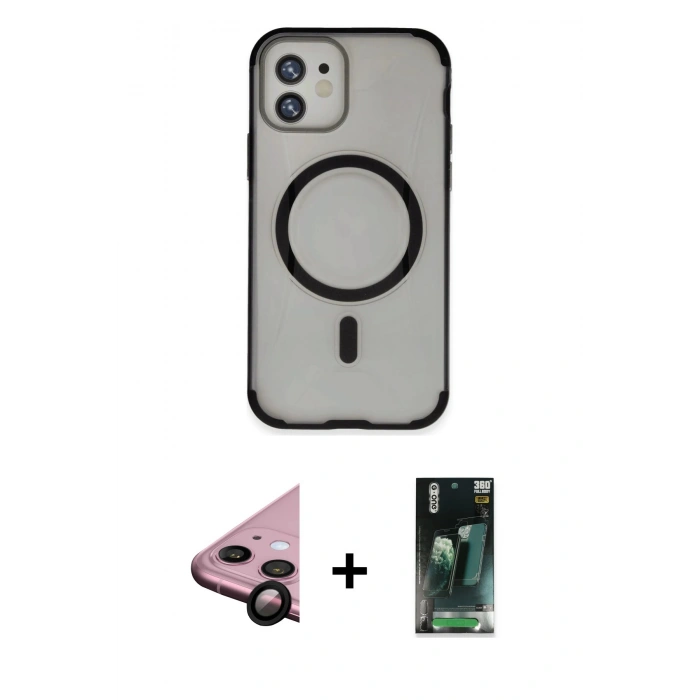 MARSİLYAN™- iPhone 11 Kılıf Eksen Klasik Koleksiyonu - Şeffaf 360 Full Body Arka Koruyucu + Raze Metal Kamera Lens - SH