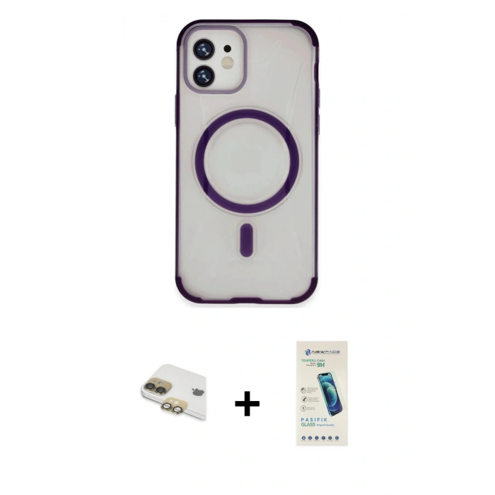 MARSİLYAN™- iPhone 11 Kılıf Eksen Klasik Koleksiyonu - Şeffaf Pasifik Cam Ekran Koruyucu + Pers Alüminyum Kamera Lens - GD