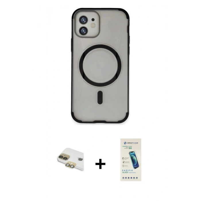 MARSİLYAN™- iPhone 11 Kılıf Eksen Klasik Koleksiyonu - Şeffaf Pasifik Cam Ekran Koruyucu + Pers Alüminyum Kamera Lens - GD