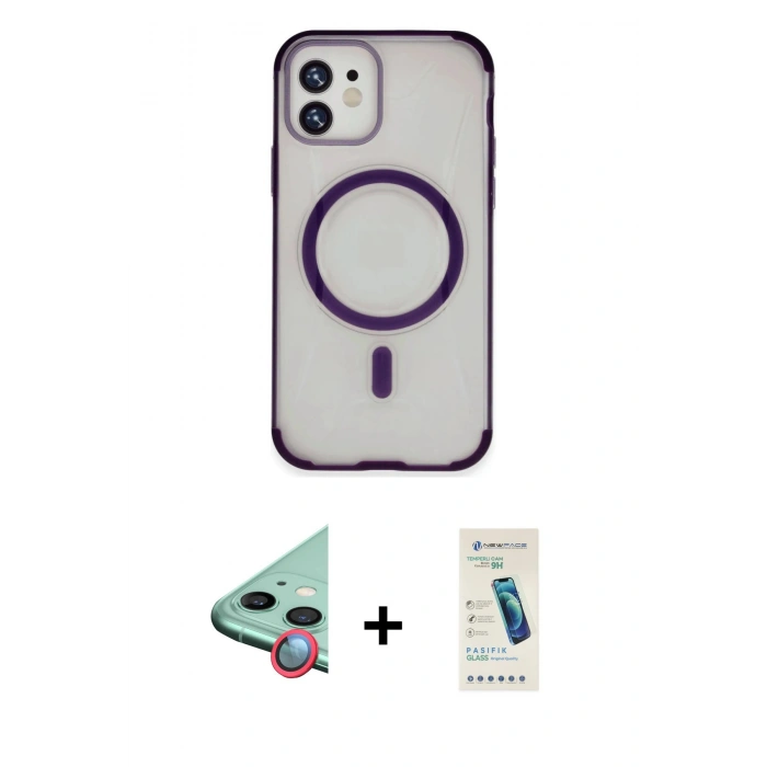MARSİLYAN™- iPhone 11 Kılıf Eksen Klasik Koleksiyonu - Şeffaf Pasifik Cam Ekran Koruyucu + Raze Metal Kamera Lens - KI