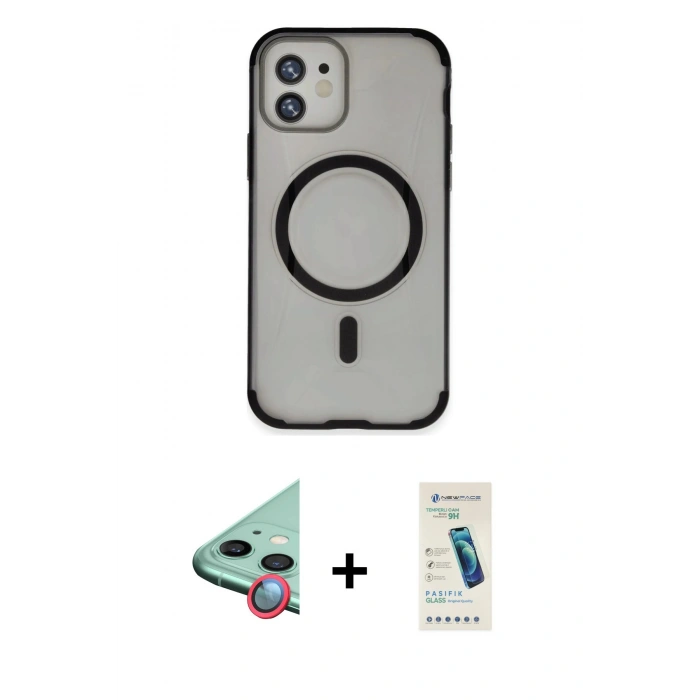 MARSİLYAN™- iPhone 11 Kılıf Eksen Klasik Koleksiyonu - Şeffaf Pasifik Cam Ekran Koruyucu + Raze Metal Kamera Lens - KI