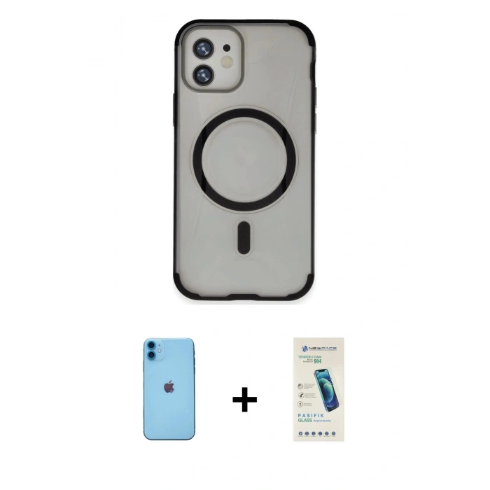 MARSİLYAN™- iPhone 11 Kılıf Eksen Klasik Koleksiyonu - Şeffaf Pasifik Cam Ekran Koruyucu + Neon Fosforlu Kamera Lens - MI