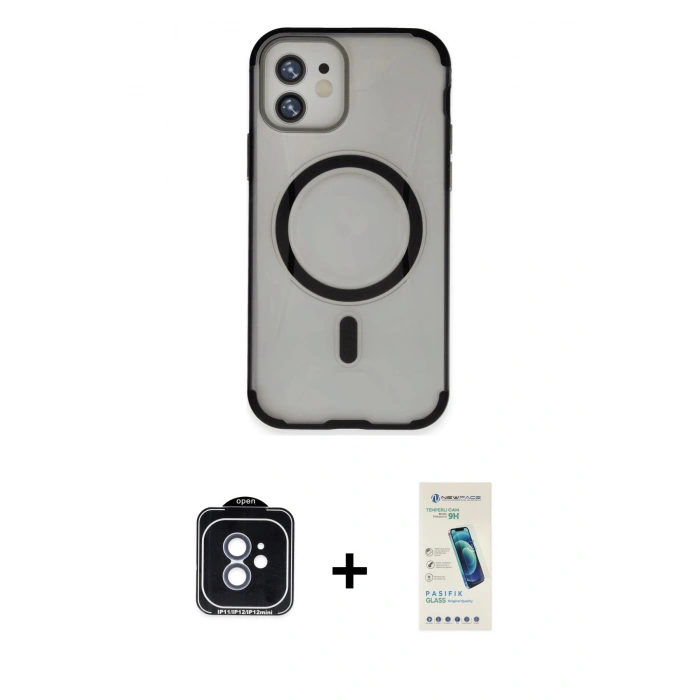 MARSİLYAN™- iPhone 11 Kılıf Eksen Klasik Koleksiyonu - Şeffaf Pasifik Cam Ekran Koruyucu + PVD Metal Kamera Lens - MI