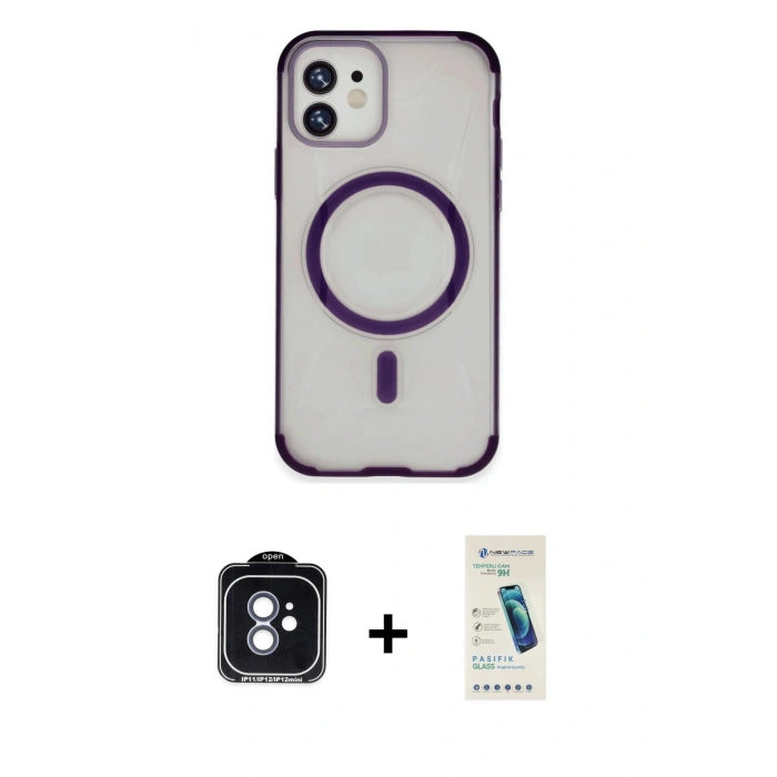 MARSİLYAN™- iPhone 11 Kılıf Eksen Klasik Koleksiyonu - Şeffaf Pasifik Cam Ekran Koruyucu + PVD Metal Kamera Lens - MI
