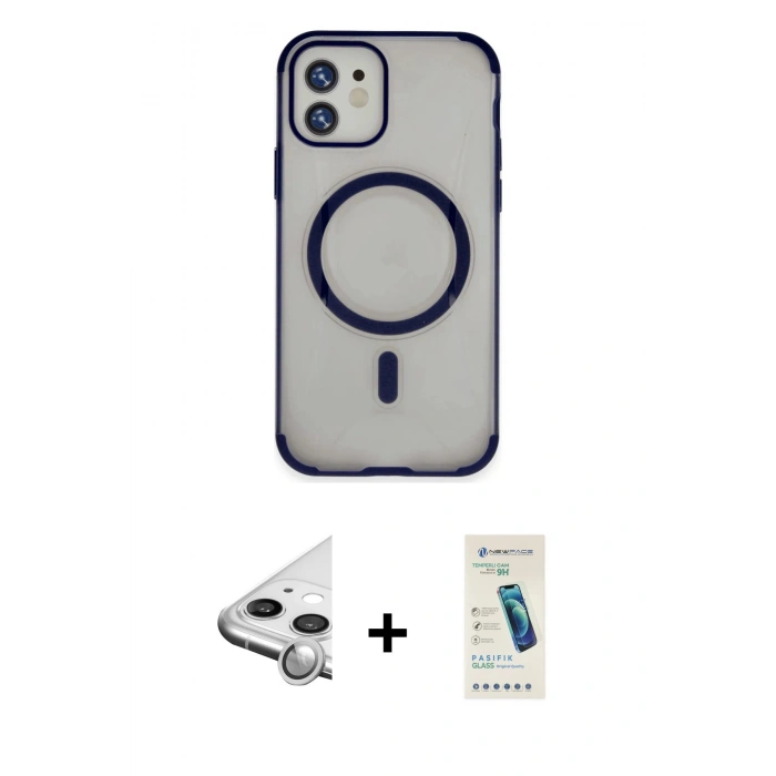 MARSİLYAN™- iPhone 11 Kılıf Eksen Klasik Koleksiyonu - Şeffaf Pasifik Cam Ekran Koruyucu + Raze Metal Kamera Lens - GS