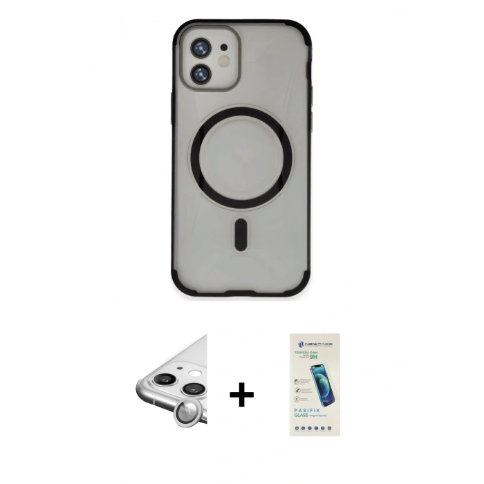 MARSİLYAN™- iPhone 11 Kılıf Eksen Klasik Koleksiyonu - Şeffaf Pasifik Cam Ekran Koruyucu + Raze Metal Kamera Lens - GS