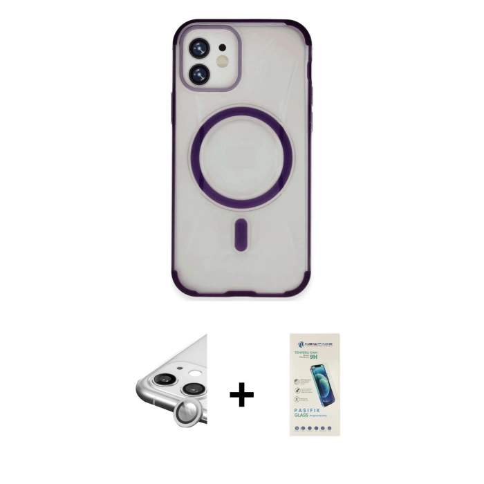 MARSİLYAN™- iPhone 11 Kılıf Eksen Klasik Koleksiyonu - Şeffaf Pasifik Cam Ekran Koruyucu + Raze Metal Kamera Lens - GS
