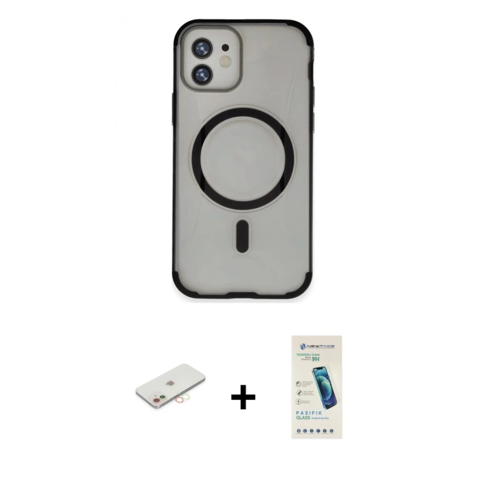 MARSİLYAN™- iPhone 11 Kılıf Eksen Klasik Koleksiyonu - Şeffaf Pasifik Cam Ekran Koruyucu + Renkli Kamera Lens Koruma Cam - YL