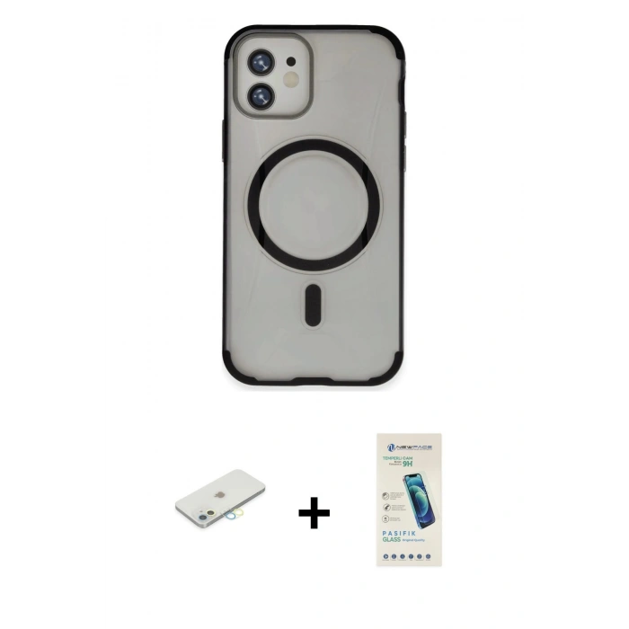 MARSİLYAN™- iPhone 11 Kılıf Eksen Klasik Koleksiyonu - Şeffaf Pasifik Cam Ekran Koruyucu + Renkli Kamera Lens Koruma Cam - SI