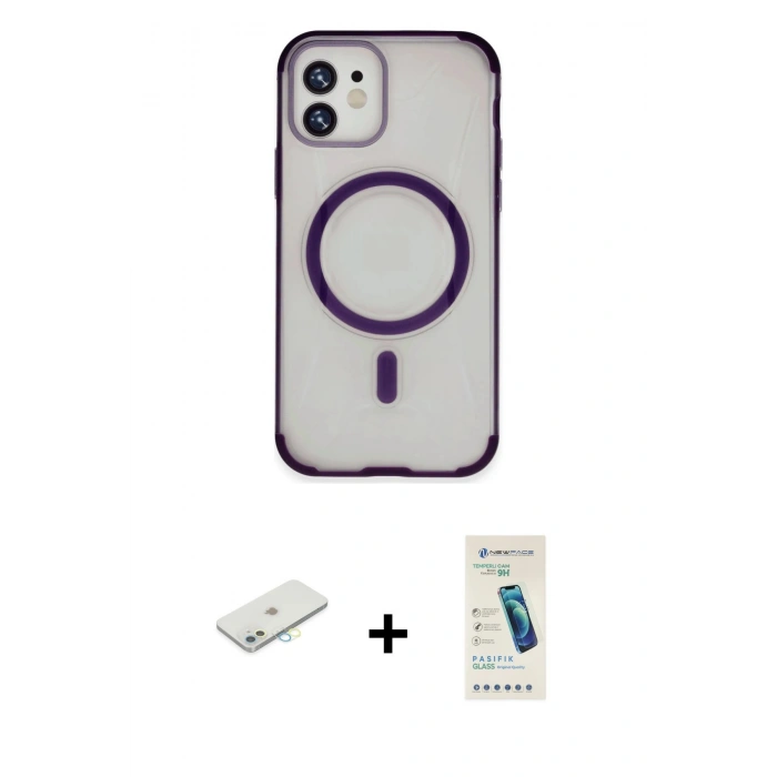MARSİLYAN™- iPhone 11 Kılıf Eksen Klasik Koleksiyonu - Şeffaf Pasifik Cam Ekran Koruyucu + Renkli Kamera Lens Koruma Cam - SI