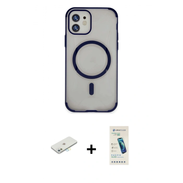 MARSİLYAN™- iPhone 11 Kılıf Eksen Klasik Koleksiyonu - Şeffaf Pasifik Cam Ekran Koruyucu + Renkli Kamera Lens Koruma Cam - SI