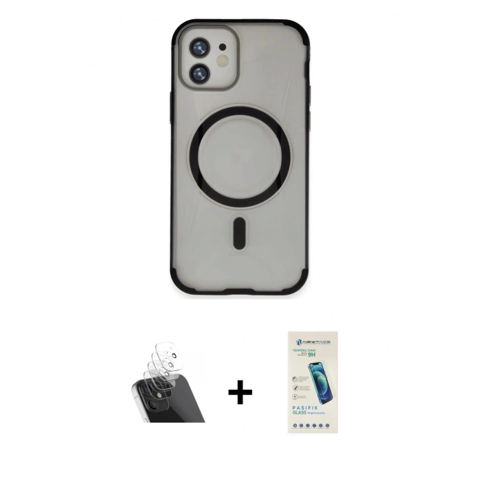 MARSİLYAN™- iPhone 11 Kılıf Eksen Klasik Koleksiyonu - Şeffaf Pasifik Cam Ekran Koruyucu + Kamera Lens Koruma Cam - SF