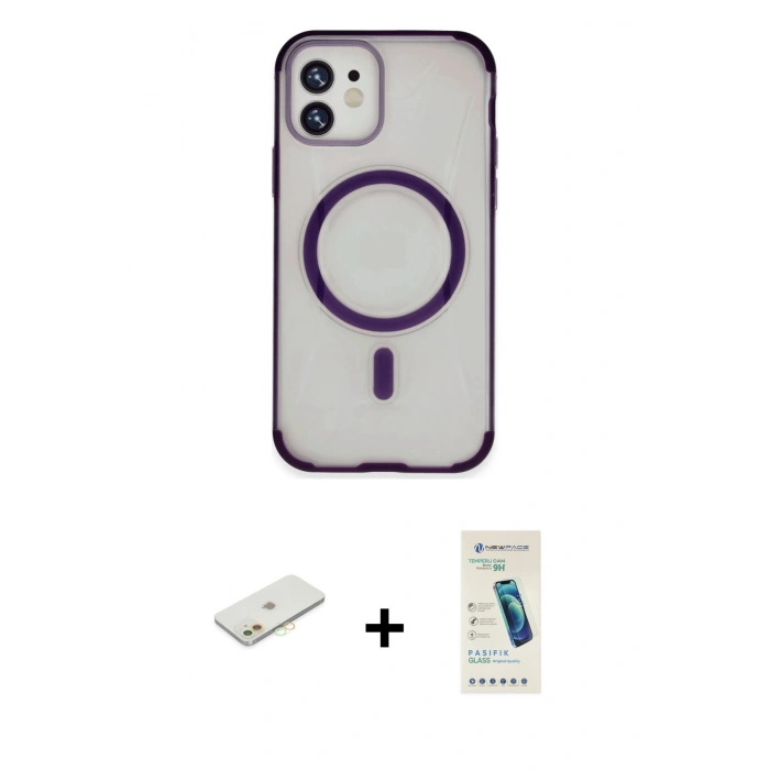 MARSİLYAN™- iPhone 11 Kılıf Eksen Klasik Koleksiyonu - Şeffaf Pasifik Cam Ekran Koruyucu + Renkli Kamera Lens Koruma Cam - TU