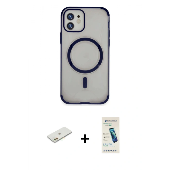 MARSİLYAN™- iPhone 11 Kılıf Eksen Klasik Koleksiyonu - Şeffaf Pasifik Cam Ekran Koruyucu + Renkli Kamera Lens Koruma Cam - TU