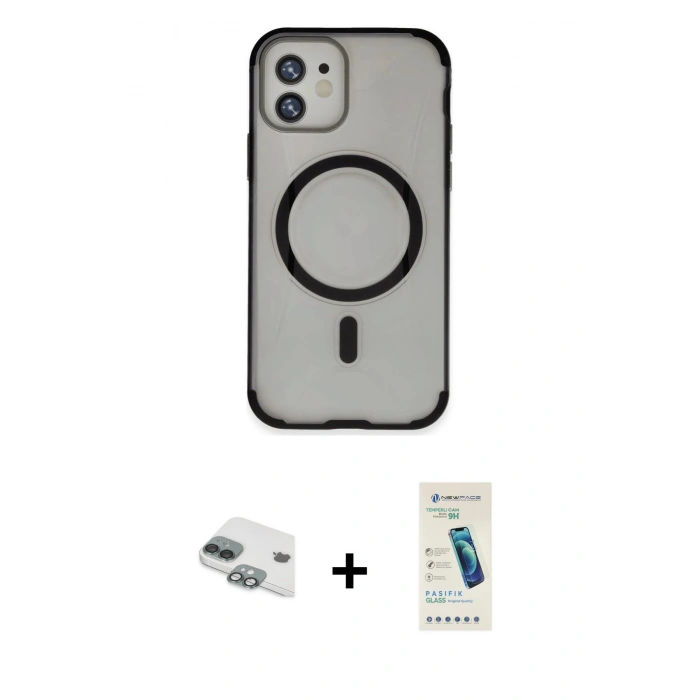MARSİLYAN™- iPhone 11 Kılıf Eksen Klasik Koleksiyonu - Şeffaf Pasifik Cam Ekran Koruyucu + Pers Alüminyum Kamera Lens - YL