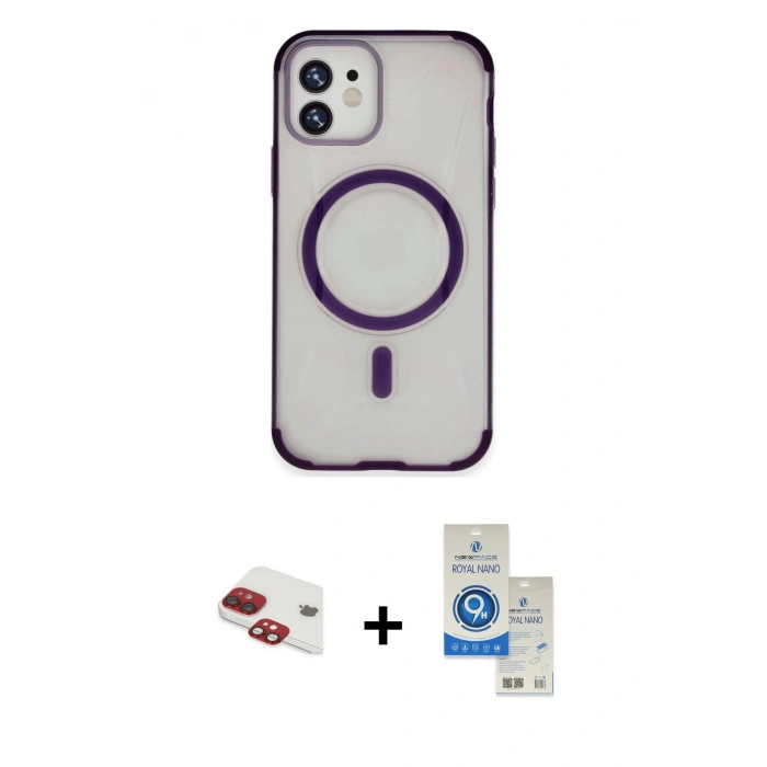 MARSİLYAN™- iPhone 11 Kılıf Eksen Klasik Koleksiyonu - Şeffaf Royal Nano Ekran Koruyucu + Pers Alüminyum Kamera Lens - KI