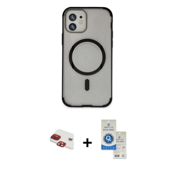 MARSİLYAN™- iPhone 11 Kılıf Eksen Klasik Koleksiyonu - Şeffaf Royal Nano Ekran Koruyucu + Pers Alüminyum Kamera Lens - KI