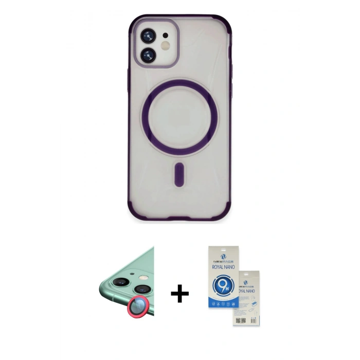 MARSİLYAN™- iPhone 11 Kılıf Eksen Klasik Koleksiyonu - Şeffaf Royal Nano Ekran Koruyucu + Raze Metal Kamera Lens - KI