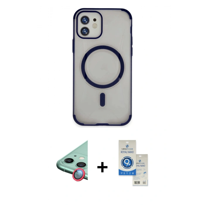 MARSİLYAN™- iPhone 11 Kılıf Eksen Klasik Koleksiyonu - Şeffaf Royal Nano Ekran Koruyucu + Raze Metal Kamera Lens - KI