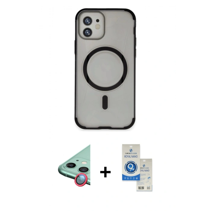 MARSİLYAN™- iPhone 11 Kılıf Eksen Klasik Koleksiyonu - Şeffaf Royal Nano Ekran Koruyucu + Raze Metal Kamera Lens - KI