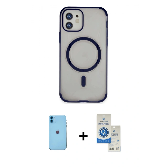 MARSİLYAN™- iPhone 11 Kılıf Eksen Klasik Koleksiyonu - Şeffaf Royal Nano Ekran Koruyucu + Neon Fosforlu Kamera Lens - MI