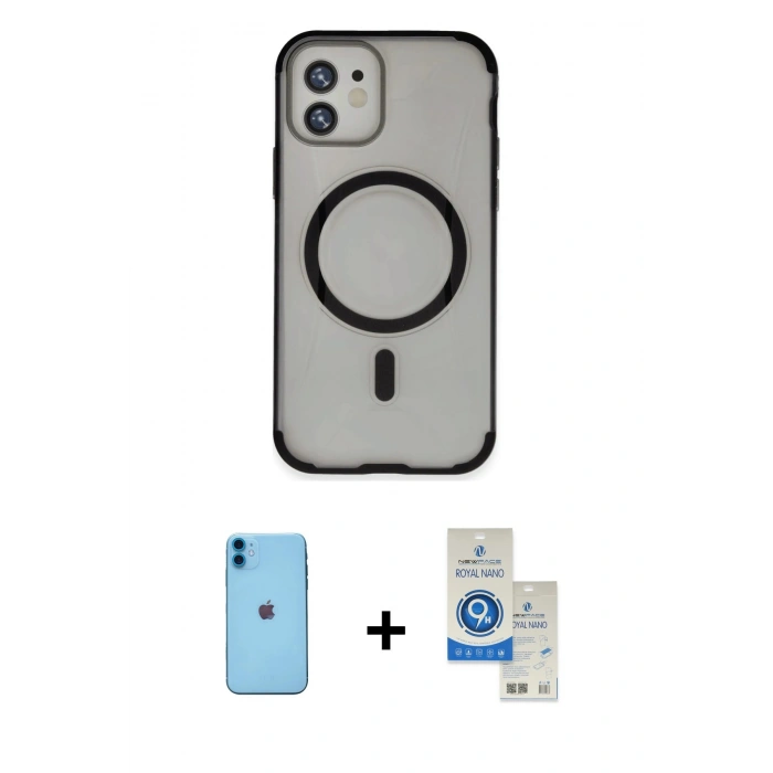 MARSİLYAN™- iPhone 11 Kılıf Eksen Klasik Koleksiyonu - Şeffaf Royal Nano Ekran Koruyucu + Neon Fosforlu Kamera Lens - MI