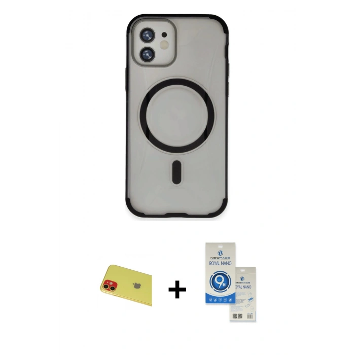 MARSİLYAN™- iPhone 11 Kılıf Eksen Klasik Koleksiyonu - Şeffaf Royal Nano Ekran Koruyucu + Rainbow Kamera Lens Koruma Cam - KI