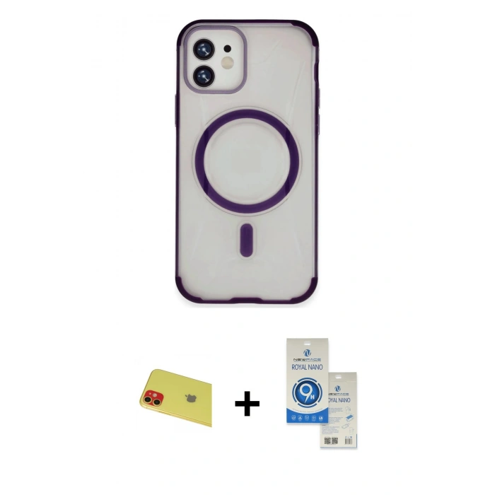 MARSİLYAN™- iPhone 11 Kılıf Eksen Klasik Koleksiyonu - Şeffaf Royal Nano Ekran Koruyucu + Rainbow Kamera Lens Koruma Cam - KI