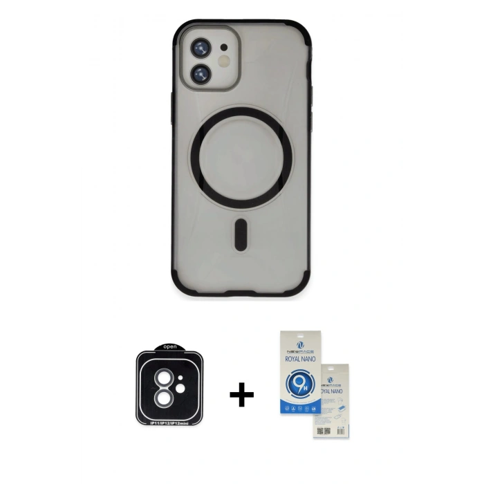 MARSİLYAN™- iPhone 11 Kılıf Eksen Klasik Koleksiyonu - Şeffaf Royal Nano Ekran Koruyucu + PVD Metal Kamera Lens - YL