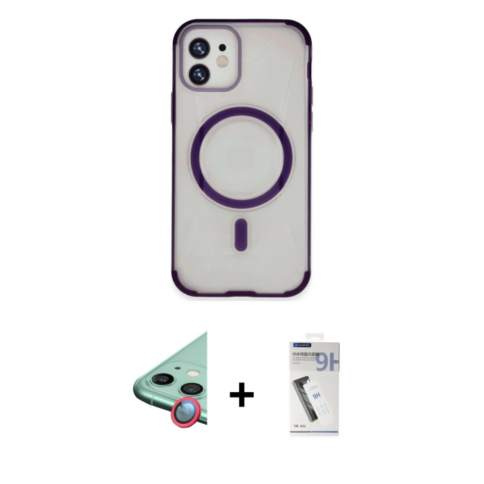 MARSİLYAN™- iPhone 11 Kılıf Eksen Klasik Koleksiyonu - Şeffaf Uv Polymer Nano Ekran Koruyucu + Kırmızı Raze Metal Kamera Lens