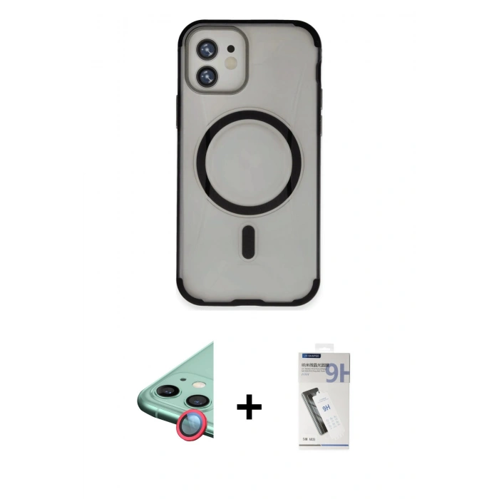 MARSİLYAN™- iPhone 11 Kılıf Eksen Klasik Koleksiyonu - Şeffaf Uv Polymer Nano Ekran Koruyucu + Kırmızı Raze Metal Kamera Lens
