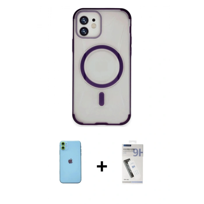 MARSİLYAN™- iPhone 11 Kılıf Eksen Klasik Koleksiyonu - Şeffaf Uv Polymer Nano Ekran Koruyucu + Neon Fosforlu Kamera Lens - YL