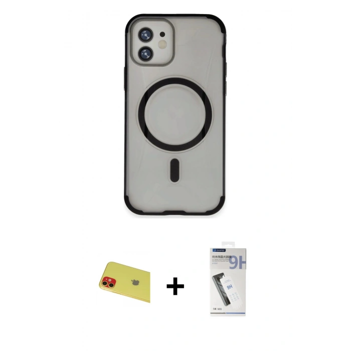 MARSİLYAN™- iPhone 11 Kılıf Eksen Klasik Koleksiyonu - Şeffaf Uv Polymer Nano Ekran Koruyucu + Rainbow Kamera Lens Koruma Cam - KI