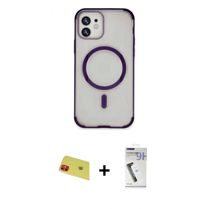 MARSİLYAN™- iPhone 11 Kılıf Eksen Klasik Koleksiyonu - Şeffaf Uv Polymer Nano Ekran Koruyucu + Rainbow Kamera Lens Koruma Cam - KI