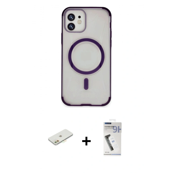MARSİLYAN™- iPhone 11 Kılıf Eksen Klasik Koleksiyonu - Şeffaf Uv Polymer Nano Ekran Koruyucu + Renkli Kamera Lens Koruma Cam - TU