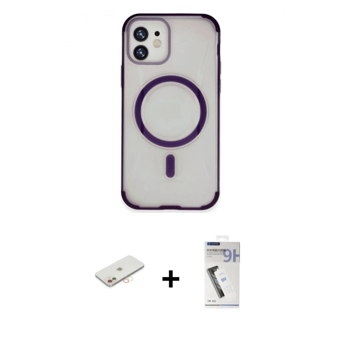 MARSİLYAN™- iPhone 11 Kılıf Eksen Klasik Koleksiyonu - Şeffaf Uv Polymer Nano Ekran Koruyucu + Renkli Kamera Lens Koruma Cam - YL