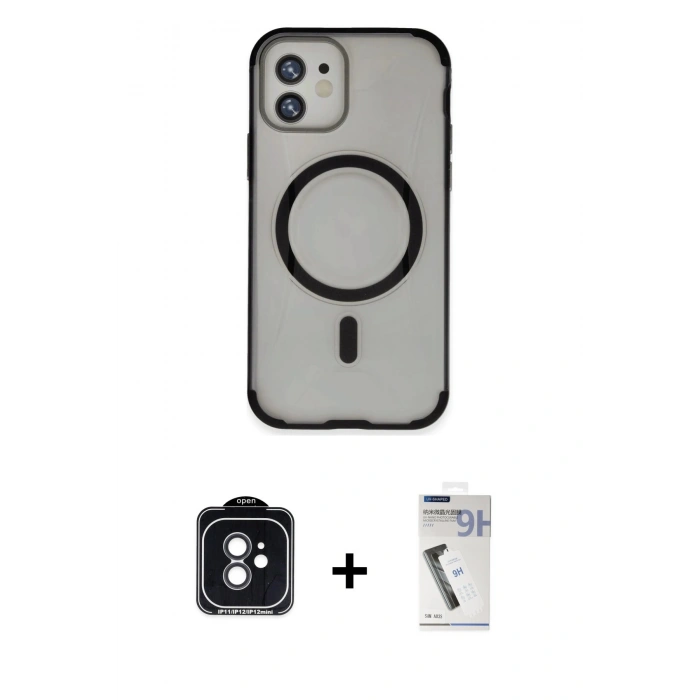 MARSİLYAN™- iPhone 11 Kılıf Eksen Klasik Koleksiyonu - Şeffaf Uv Polymer Nano Ekran Koruyucu + Siyah PVD Metal Kamera Lens