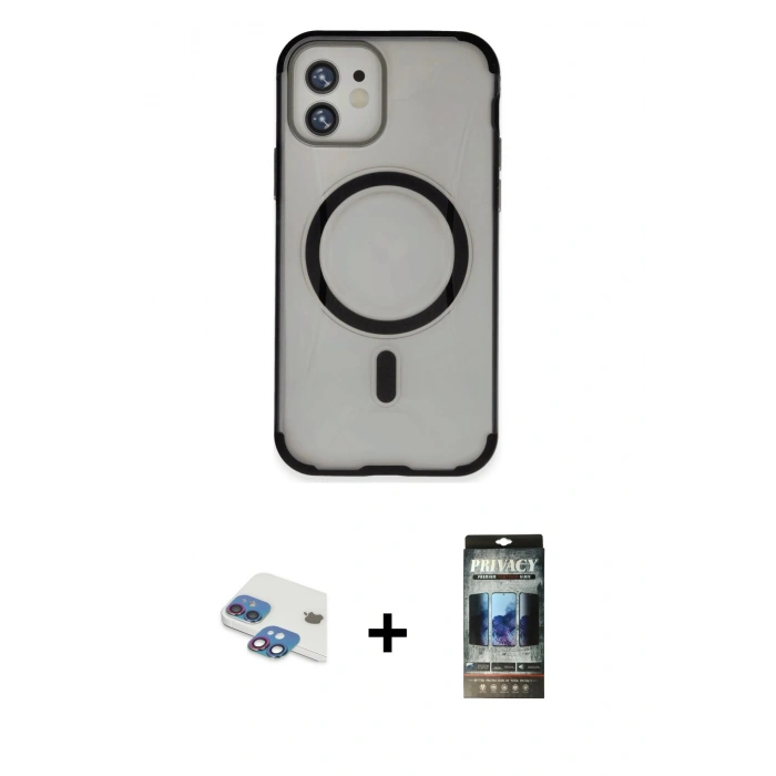 MARSİLYAN™- iPhone 11 Kılıf Eksen Klasik Koleksiyonu - Siyah 34D Hayalet Izgaralı Cam + Pers Alüminyum Kamera Lens - GI