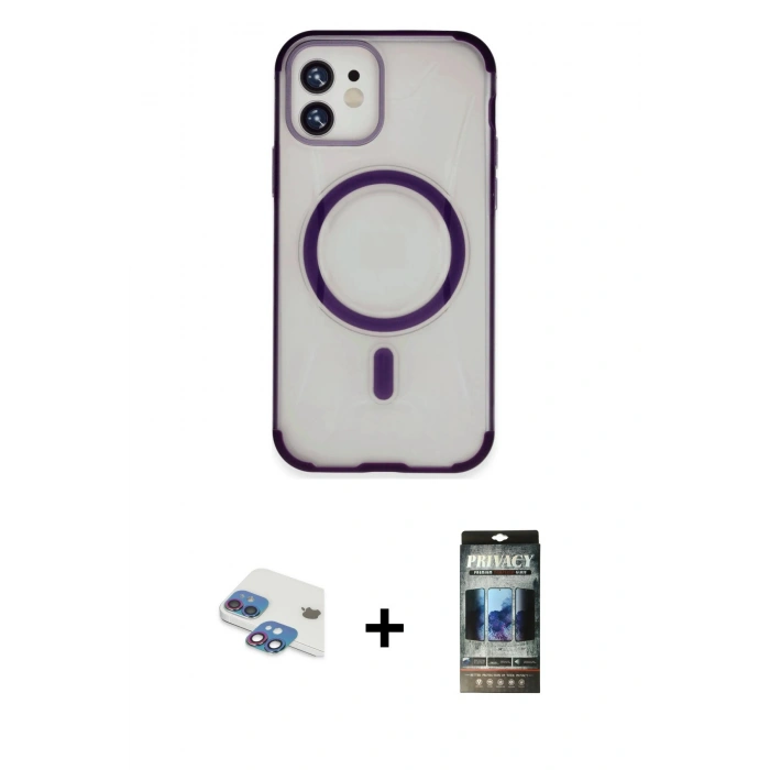 MARSİLYAN™- iPhone 11 Kılıf Eksen Klasik Koleksiyonu - Siyah 34D Hayalet Izgaralı Cam + Pers Alüminyum Kamera Lens - GI