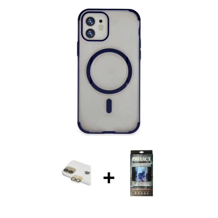 MARSİLYAN™- iPhone 11 Kılıf Eksen Klasik Koleksiyonu - Siyah 34D Hayalet Izgaralı Cam + Pers Alüminyum Kamera Lens - GD