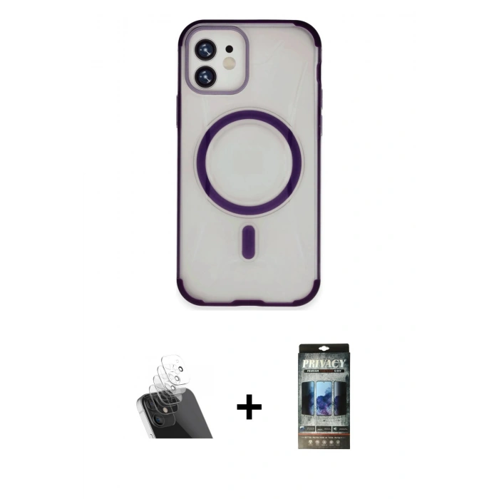MARSİLYAN™- iPhone 11 Kılıf Eksen Klasik Koleksiyonu - Siyah 34D Hayalet Izgaralı Cam + Kamera Lens Koruma Cam - SF