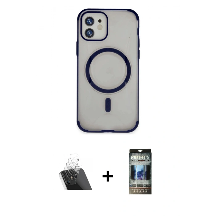 MARSİLYAN™- iPhone 11 Kılıf Eksen Klasik Koleksiyonu - Siyah 34D Hayalet Izgaralı Cam + Kamera Lens Koruma Cam - SF