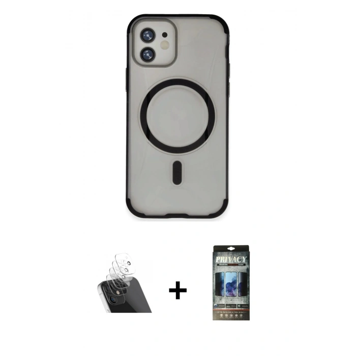 MARSİLYAN™- iPhone 11 Kılıf Eksen Klasik Koleksiyonu - Siyah 34D Hayalet Izgaralı Cam + Kamera Lens Koruma Cam - SF