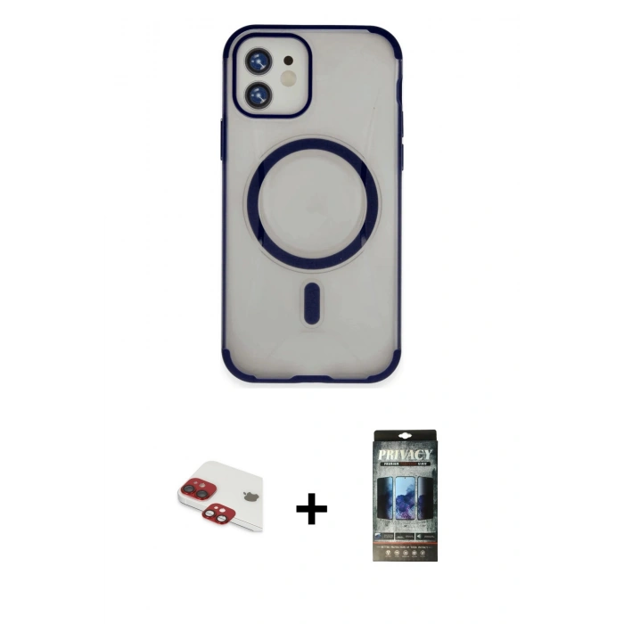 MARSİLYAN™- iPhone 11 Kılıf Eksen Klasik Koleksiyonu - Siyah 34D Hayalet Izgaralı Cam + Pers Alüminyum Kamera Lens - KI