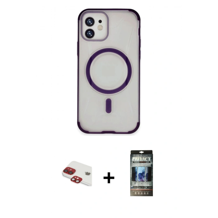 MARSİLYAN™- iPhone 11 Kılıf Eksen Klasik Koleksiyonu - Siyah 34D Hayalet Izgaralı Cam + Pers Alüminyum Kamera Lens - KI