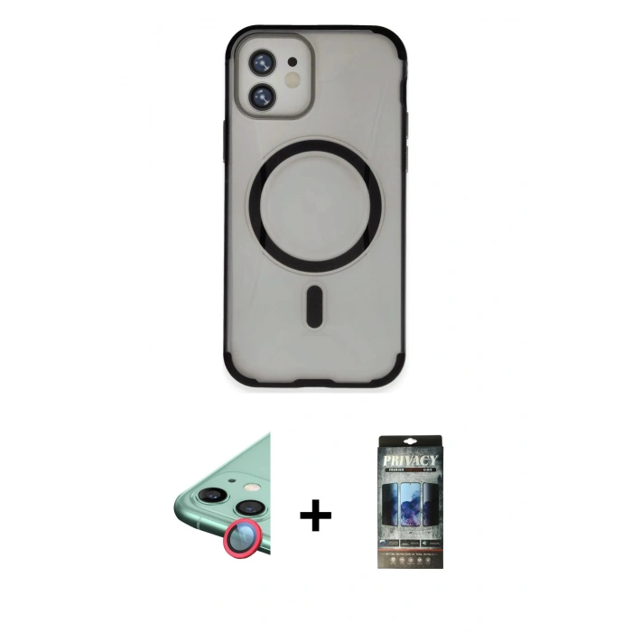 MARSİLYAN™- iPhone 11 Kılıf Eksen Klasik Koleksiyonu - Siyah 34D Hayalet Izgaralı Cam + Raze Metal Kamera Lens - KI
