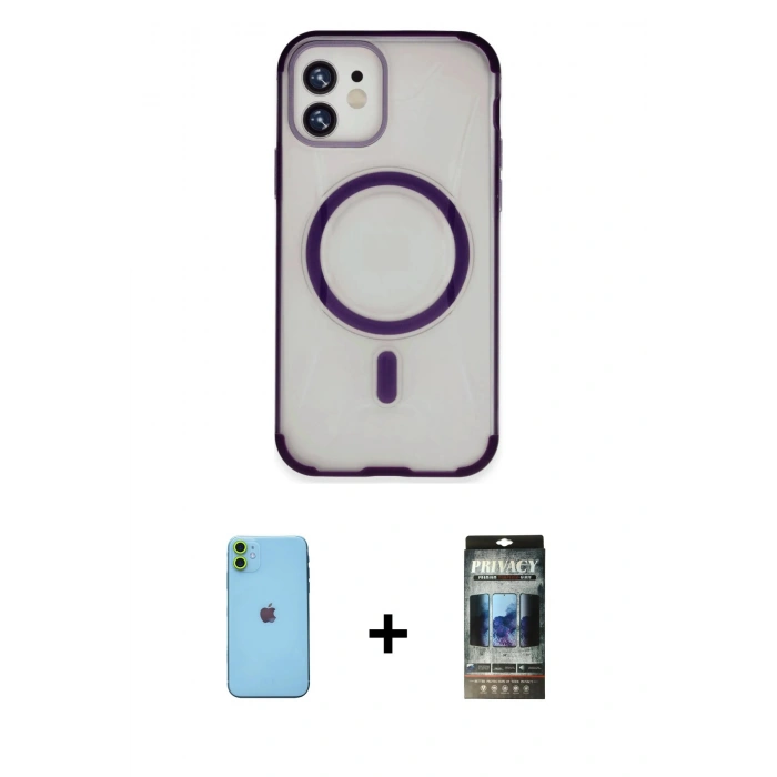 MARSİLYAN™- iPhone 11 Kılıf Eksen Klasik Koleksiyonu - Siyah 34D Hayalet Izgaralı Cam + Neon Fosforlu Kamera Lens - YL
