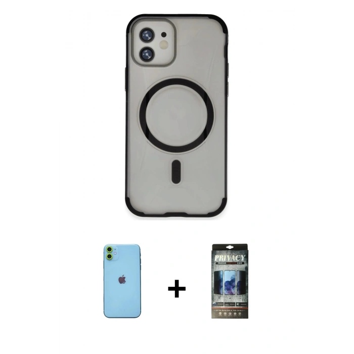 MARSİLYAN™- iPhone 11 Kılıf Eksen Klasik Koleksiyonu - Siyah 34D Hayalet Izgaralı Cam + Neon Fosforlu Kamera Lens - YL